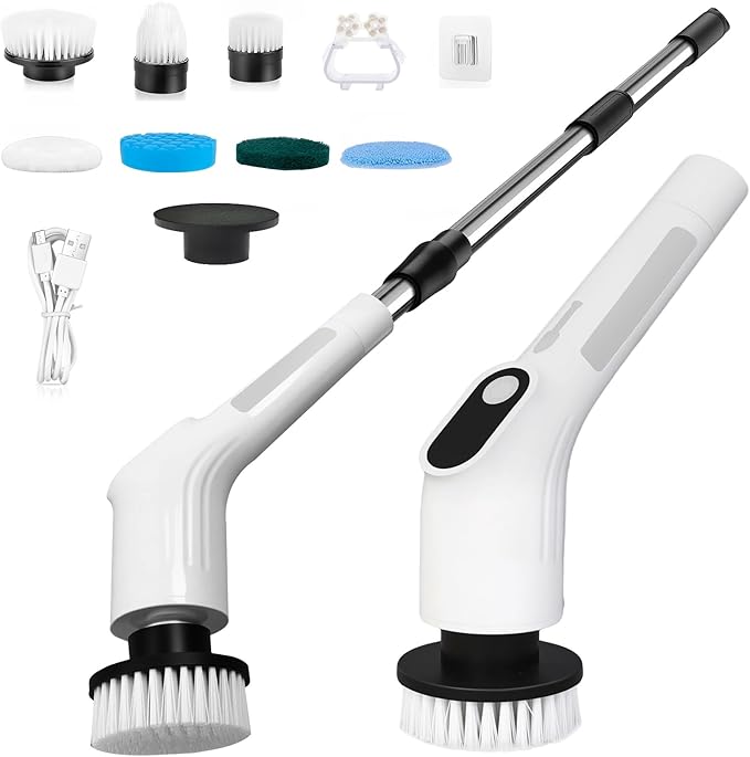 LICHIFIT Electric Spin Scrubber, Waterproof Cordless Shower Cleaning Brush with Replaceable Brush Heads and Adjustable Extension Handle 2 Speeds for Bathtub Kitchen Wall Cleaning
