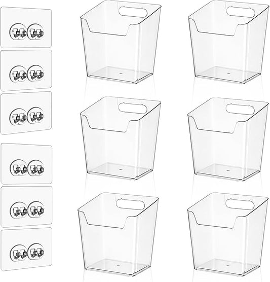 Clear Inside Cabinet Door Organizer, 6 Pack Plastic Wall Storage Bin Adhesive, Vertical Versatile Caddy Makeup Brush Pen Holder for Small Spaces in Bathroom, Office, Kid's Room Organization, No-Drill