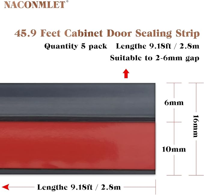 Gray Cabinet Door Seal Strip, 49ft (5 Rolls) Self-Adhesive Weather Stripping for Modern Wardrobe & Aluminum Window Gaps, Dustproof Soundproof Door Filler Tape, NACONMLET Sealing Strip for Home