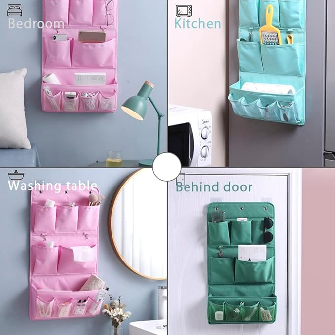 HSLFUAI Hanging Organizer with Pockets – Wall & Door Storage Bag with 3 Sticky Hooks – Hanging Storage Organizer for Bathroom, Bedroom, Closet, Dorm, Washing Table (2Layer, Blue)