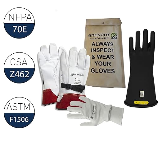 Enespro Class 2 Black Rubber Voltage Insulating Glove Premium Kit with FR Knit Glove and Leather Protectors, Max. Use Voltage 17,000V AC/ 25,500V DC, KITGC2B09AG