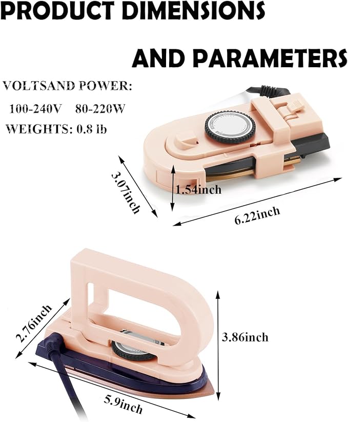 Dual Voltage Travel Iron (100-120V/220-240V) - 3-Temp Steamless Mini Dry Iron for Clothes, Non-Stick 356°F Soleplate with Foldable Handle, 0.8lb Ultra-Lightweight (Pink)