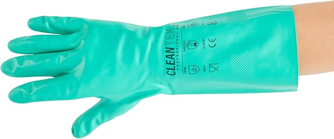 Restaurantware Green Cleaning Gloves 10 Pairs 15 Mil Thick Large Heavy-Duty Nitrile Gloves With Long Cuff No-Latex Flock Lining For Use In Hospitals, Laboratories, Kitchens and Households