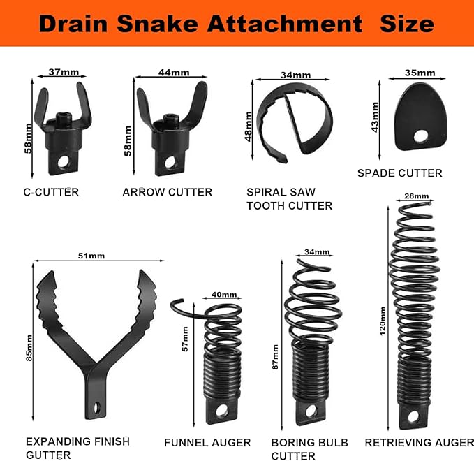 8+1 Heavy Duty Drain Snake Kit 6-Blade Grease Cutter + 8-Piece Clog Remover Set – Rustproof Manganese Steel & CNC Machined – Fits 3/8" to 3/4" Cables