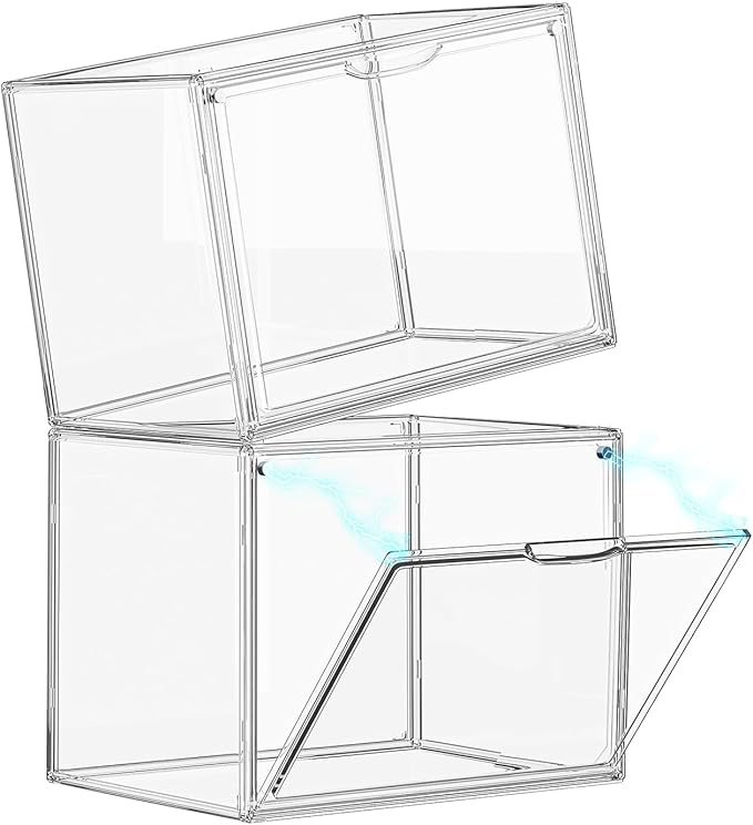 Clear Acrylic Display Case, Large Stackable Storage Bins Magnetic Attraction Lids, 5 Pack Acrylic Box Showcase for Collectibles, Figures, Cosmetic, Purse, Handbag, Wallet, 10.7x8.6x14.2 inch