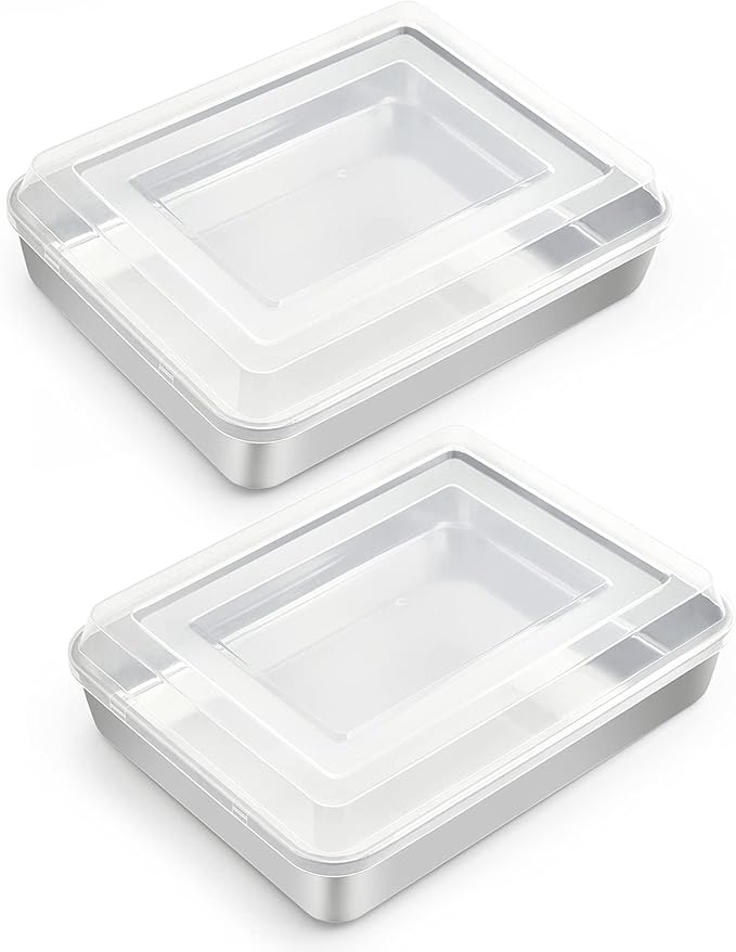 TeamFar Rectangular Cake Pans with Lids, 9.3’’ x 7’’ x 1.9’’ Stainless Steel Lasagna Brownie Pan For Roasting Baking, Healthy & Solid, Brushed Surface & Dishwasher Safe, (2 Pans+2 Lids)