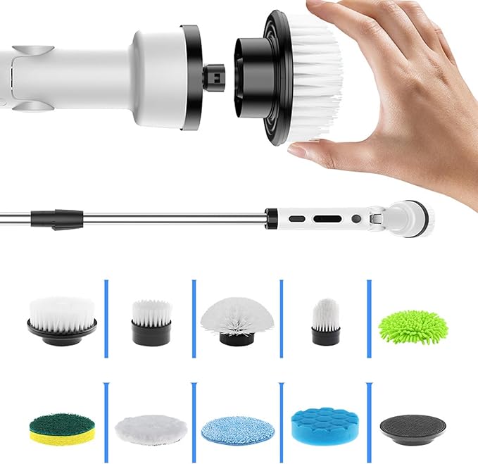 YUYTE Electric Spin Scrubber,Cordless Cleaning Brush with 9 Replaceable Heads,Adjustable Extension Handle, 90 Mins Long Lasting Power for Bathroom, Shower, Tub, Tile, Floor, Car (White)