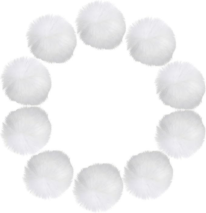 uxcell 3.5 Inch Faux Fur Pom Pom Balls, 10 Pcs White Fluffy Soft Faux Fur Pom Poms for Hats with Elastic Loop for DIY Knitting Hats Keychain Scarves Gloves Bags Shoes Accessories