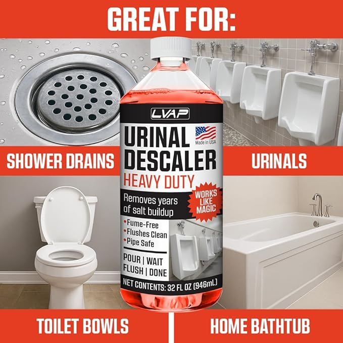 LVAP Heavy Duty Urinal Salt Remover – Made in USA – Commercial Grade Urinal Drain Cleaner & Odor Eliminator. Removes Salt, Calcium, Rust and Scale Build Up. Safe for Plumbing – 32 fl oz