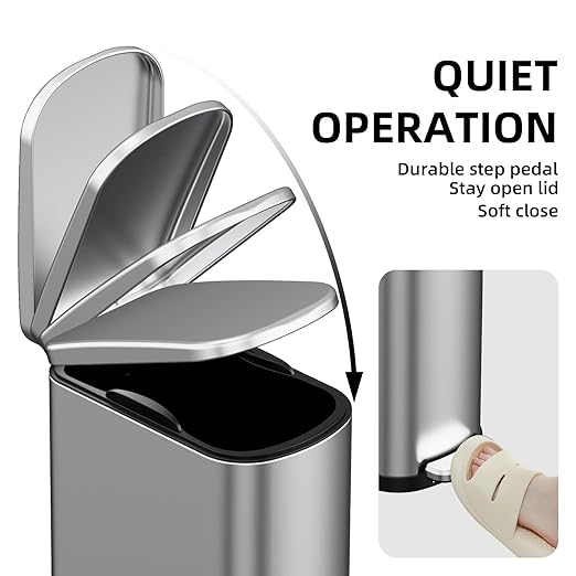2.6 Gal Bathroom Trash Can with Soft Close Stay Open Lid, Small Rectangular 10L Stainless Steel Waste bin for Narrow Space, Waterproof, Odor Protection, Gold