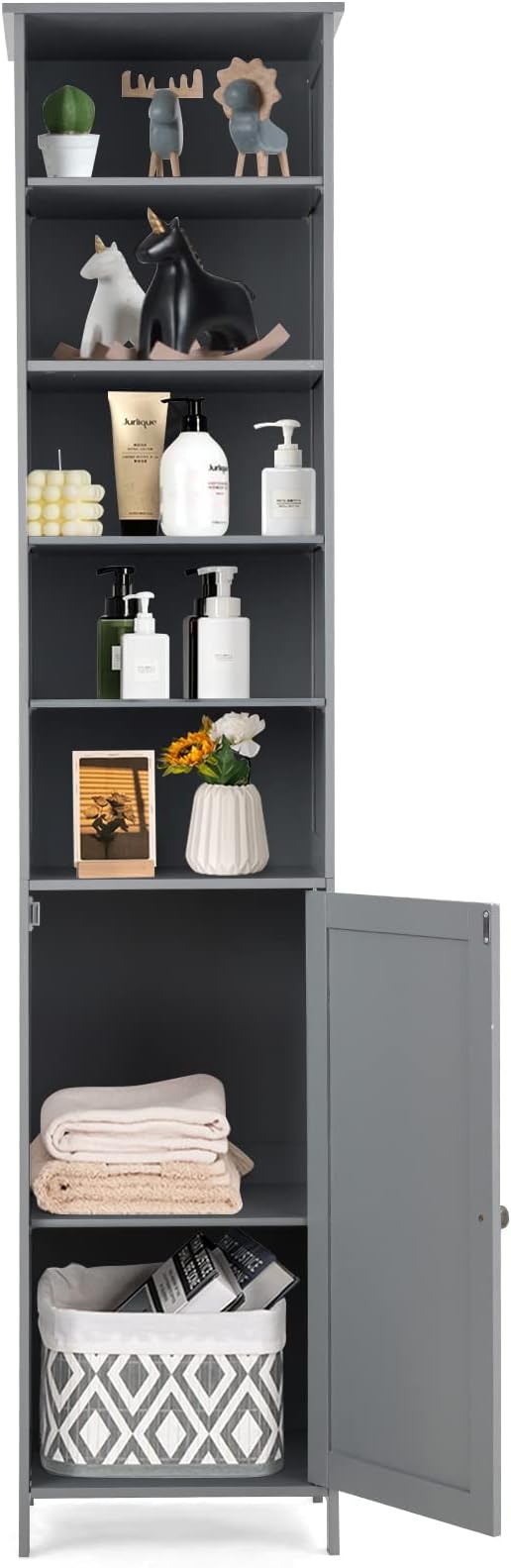 HAPPYGRILL Tall Bathroom Storage Cabinet, 72” Slim Bathroom Cabinet Organizer with 5 Open & 2 Adjustable Shelves, Anti-Tilt Design, Freestanding Storage Cabinet for Bathroom Living Room (Grey)