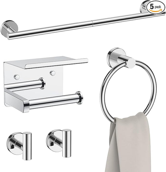 FORIOUS Bathroom Hardware Accessories Set, SUS304 Stainless Steel 24 Inch Towel Bar Set Wall Mounted, Modern Toilet Paper Holder with Shelf for Bathroom, 5 Pieces, Chrome