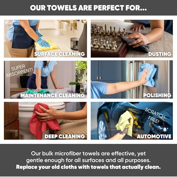 12" x 12" Microfiber Cleaning Cloths (50 Pack) - Reusable Towels, Wash Rags, Dust Cloth, All-Purpose: Kitchen, Dish, Cars, Shop, Glass (White)