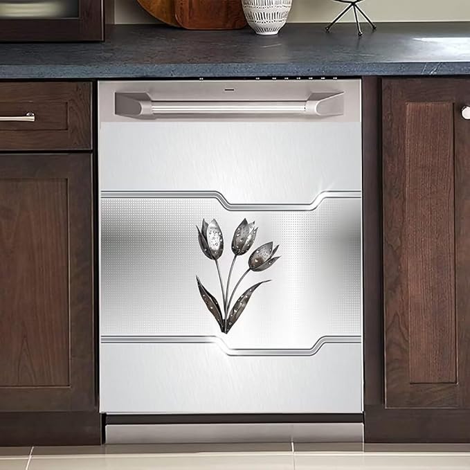 Silver Stainless Steel Effect Dishwasher Magnetic Cover Personalized Metal Flowers Universal Panel Decal for Refrigerator Magnet 23 x 26 Inch Home Kitchen Fridge Magnets
