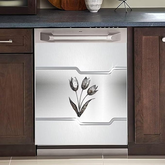 Silver Stainless Steel Effect Dishwasher Magnetic Cover Personalized Metal Flowers Universal Panel Decal for Refrigerator Magnet 23 x 26 Inch Home Kitchen Fridge Magnets