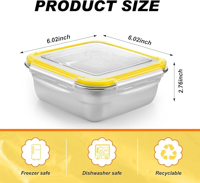 4 Pack Stainless Steel Sandwich Containers with Lids 25.4 oz Metal Food Container for Lunch Boxes with Airtight Silicone Seal for Sandwiches and Snacks(Yellow)