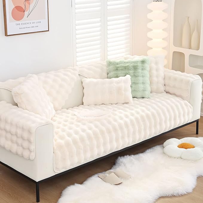 Soft Warm Faux Fur Couch Sofa Cover Thick Shaggy Fuzzy Sectional Couch Cover Non-Slip Solid Color Plush Sofa Slipcover Furniture Protector for Kids, Pets (Cream,36"x47")
