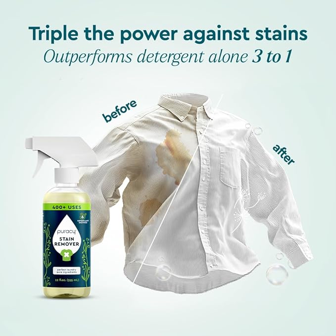 Puracy Stain Remover - Cleaning Spray for Clothes, Laundry Spray for Clothes, Travel Stain Remover - Natural Spot Cleaner, 12oz & 48oz Bundle