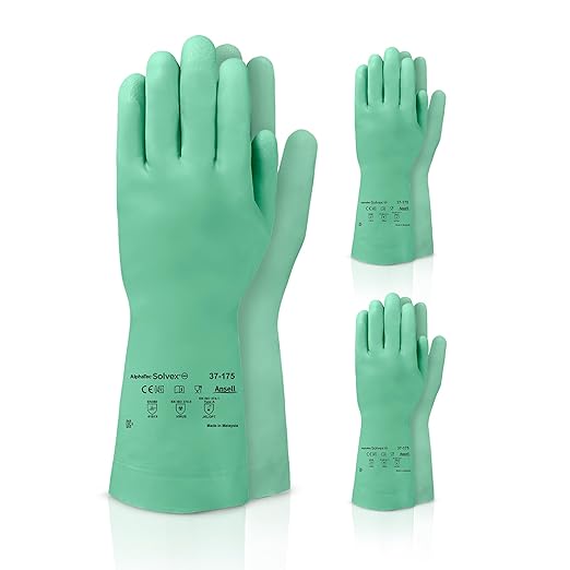 Ansell AlphaTec Solvex 37-175 Flocked Chemical-Resistant Gloves for Cleaning, Agriculture, Food, Mechanics, Oil - XS, Green (3 Pairs)