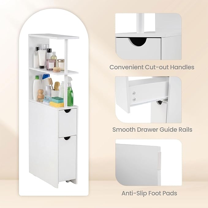 Giantex Slim Storage Cabinet, Narrow Freestanding Bathroom Organizer with Open Shelves, Pull-Out Drawer and Slide-Out Cart, Space-Saving Wooden Floor Cabinet for Entryway, Living Room and Kitchen