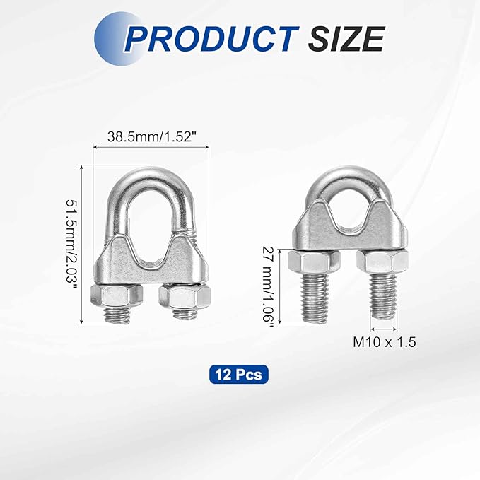 MECCANIXITY 12Pcs Wire Rope Cable Clip Clamps 1/2 Inch M12 Small 304 Stainless Steel U Bolt Saddle Fasteners Hardware for Secure Rigging Marine Guy Line Fence Clothesline, Silver