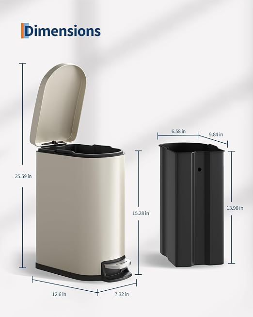 Stainless Steel Bathroom Trash Can with Lid, Slim Waterproof Garbage Can, Small Step-on Metal Trash Bin with Soft Close Lid, Inner Bucket & Rear Handle for Bathroom, Bedroom, Kitchen
