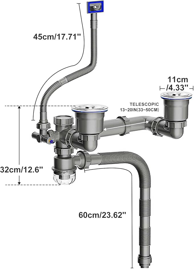 Double Sink Drain Kit Space Saving Kitchen Sink Drain Kit Expandable Flexible 1 1/2" P-Trap Pipe 3-1/2 Inch Sink Drain Assembly Kit with 4-Way Fitting Adapter for Dishwasher