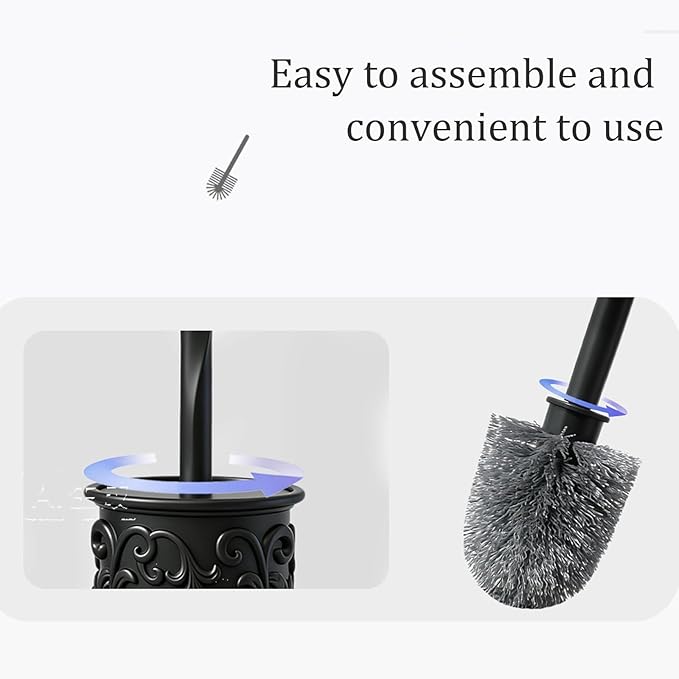 Black Toilet Brush and Holder Set, Floral Embossed Design Plastic Toilet Bowl Brush Set with Durable Bristles, Space-Saving Bathroom Cleaning Tool for Modern Decor