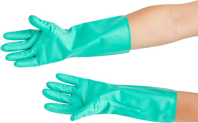 Restaurantware Green Cleaning Gloves 10 Pairs 15 Mil Thick XXL Heavy-Duty Nitrile Gloves With Long Cuff No-Latex Flock Lining For Use In Hospitals, Laboratories, Kitchens and Households