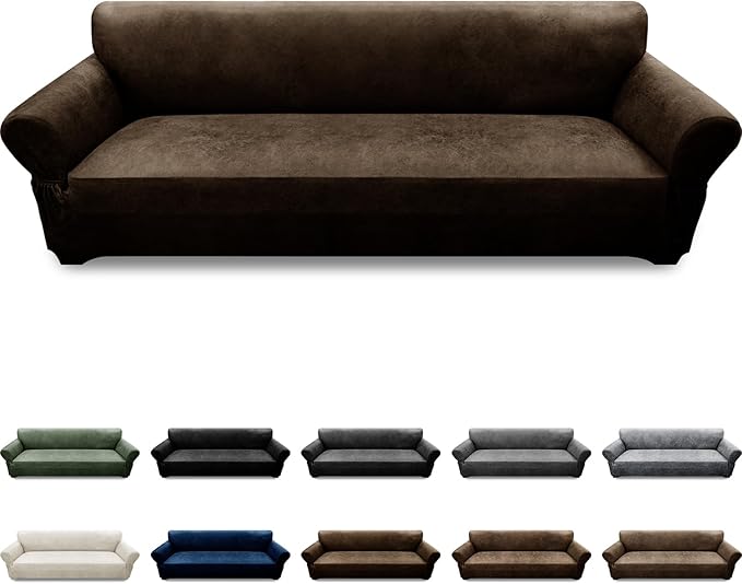 Oversized Sofa Slipcover Leather Look Couch Cover for 4 Seater Sofa 1-Piece Sofa Cover Stretch Furniture Protector with Elastic Bottom & Pockets(XL Sofa, Coffee)