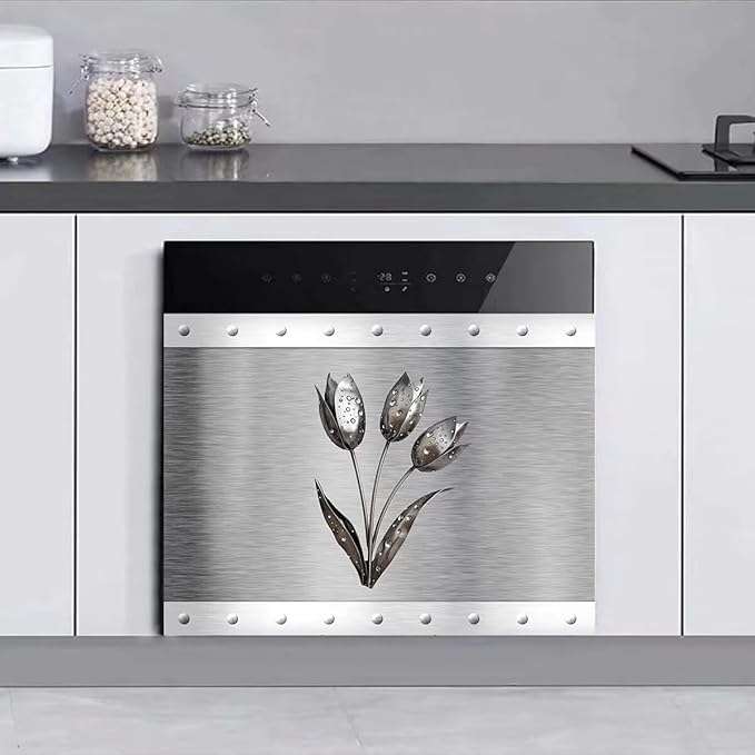 Artificial Metal Effect Dishwasher Cover Magnet Kitchen Decor, Stainless Steel Flower Effect Dishwasher Magnet Cover Front Door Panel Decal, Refrigerator Magnetic Decals 23'' W x 17'' H