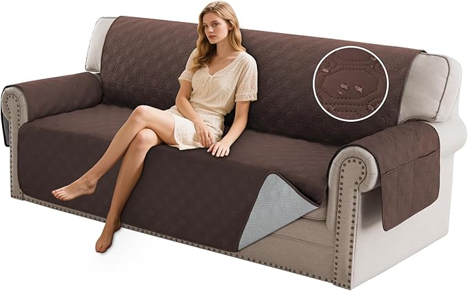 PrinceDeco Waterproof Sofa Cover Diamond Quilted Couch Cover 3 Cushion Sofa Couch Cover for Dogs Furniture Protector Cover with Elastic Straps for Pet Cat(Sofa,Brown)