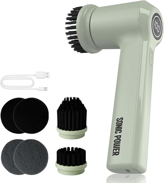Electric Spin Scrubber – Handheld & Ergonomic, IPX7 Waterproof, 4 Multi-Purpose Brush Heads, Long-Lasting Rechargeable Battery – Cleans Dishes, Bathroom, Tile, Grout & Kitchen (Sage)