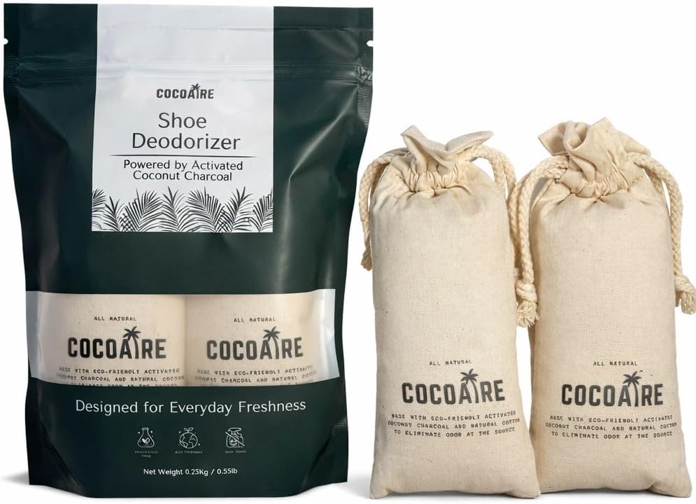 Coconut Charcoal Shoe Deodorizer (2 Pack, 125g Each) – Extra Strength – Activated Coconut Shell Charcoal – Removes Moisture from Shoes, Gym Bags & Closets – Reusable & Unscented