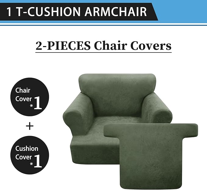2-Pieces T Cushion Armchair Slipcovers Leather Look Couch Cover Chair Covers Stretch Furniture Protector Sofa Cover with 1 Individual T Cushion Seat Cover Slipcover Sets Washable, Army Green