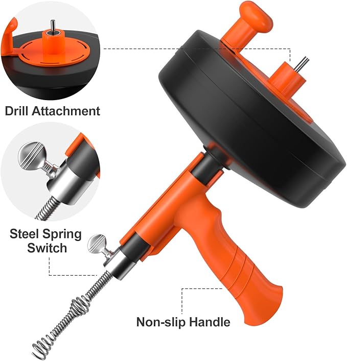 KINGLEV Drain Snake, 50ft Flexible Steel Drain Auger With Drill Adapter, Heavy Duty Sink Plumbing Unblocking Hand Auger, Manual Or Powered for Shower & Bathtub Clogs-No auto retract or feed