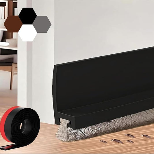 39-inch Door Draft Stopper with Brush - Adhesive Weather Stripping Seal for Exterior/Interior Doors | Under Door Sweep Blocks Drafts, Noise & Dust | Fits 1/4"-1" Gaps (Black)