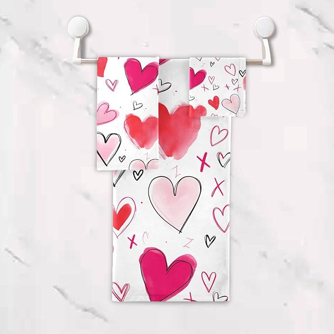 Pfrewn Doodle Romantic Pink Heart Towels Set of 3 Romantic Pink Red Love Spring Bathroom Towel Soft Absorbent Bath Hand Towels Washcloth Guest Towel Sets Mother's Valentine's Day Decorations