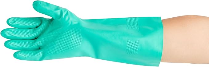 Restaurantware Green Cleaning Gloves 10 Pairs 15 Mil Thick Extra Large Heavy-Duty Nitrile Gloves With Long Cuff No-Latex Flock Lining For Use In Hospitals, Commercial Kitchens and Households