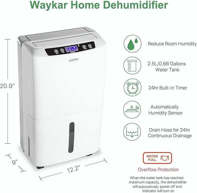 Waykar 2000 Sq. Ft. Energy Star 2025 Dehumidifier for Basement, Smart Compressor 34 Pints Dehumidifiers for home with Drain Hose and Water Tank.