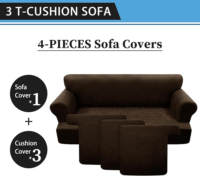 4-Piece T Couch Cover - Leather Look Slipcovers for 3 Cushion Sofa, Washable, Coffee
