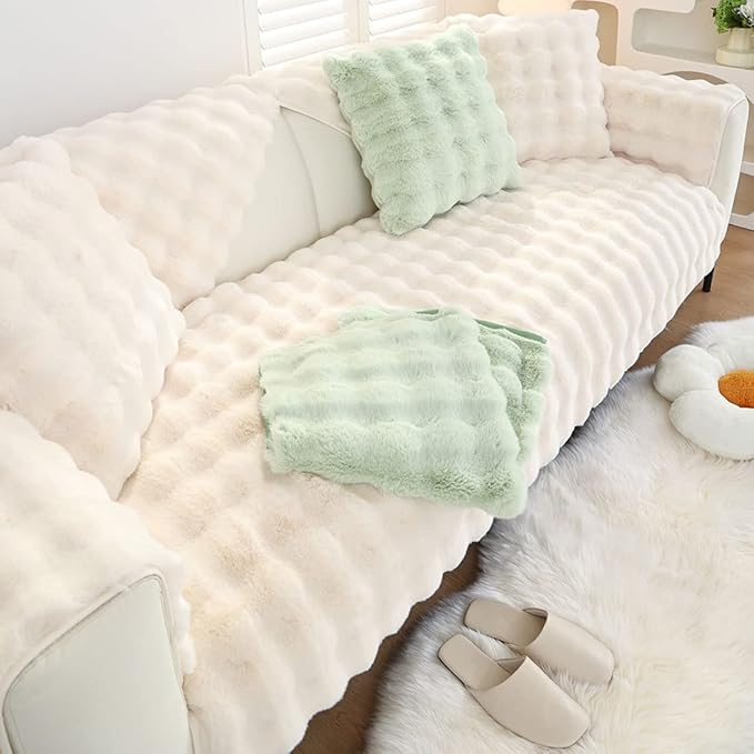 Soft Warm Faux Fur Couch Sofa Cover Thick Shaggy Fuzzy Sectional Couch Cover Non-Slip Solid Color Plush Sofa Slipcover Furniture Protector for Kids, Pets (Cream,28"x59")