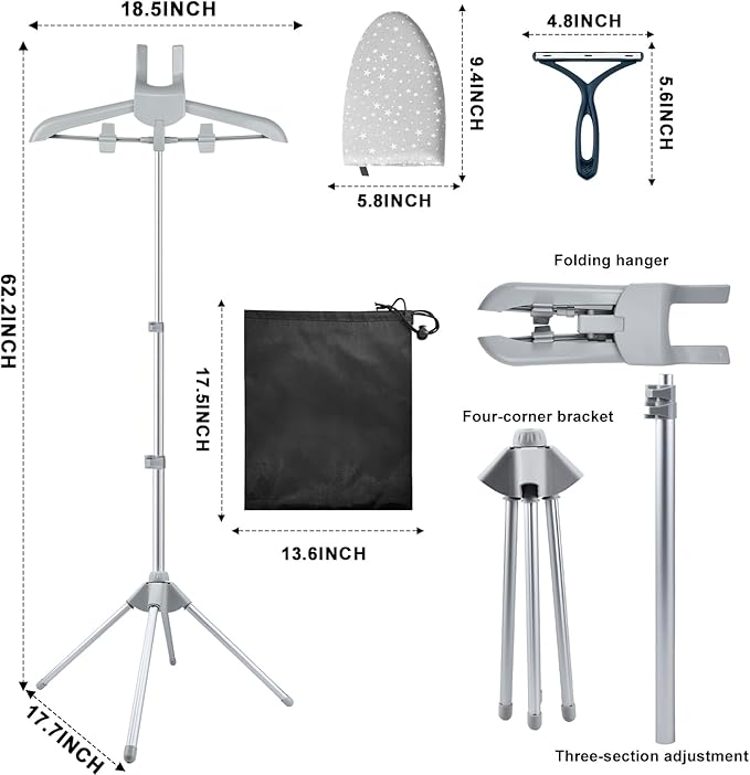 Foldable Garment Steamer Hanger Stand with Ironing Gloves, Adjustable Steamer Rack Included Lint Remover Storage Bag 2 Clips for Suits Shirts Coats Portable Travel Home Use