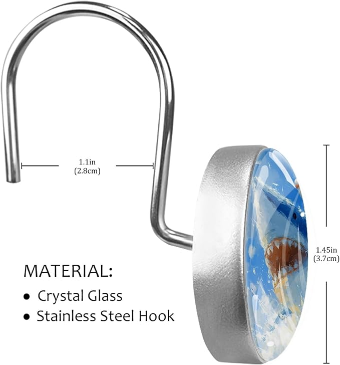 Cat Riding Shark Shower Curtain Hooks Rings, Stainless Steel Rust Proof Shower Curtain Hooks, Decorative Shower Hooks for Bathroom Shower Rods Curtains, Set of 12
