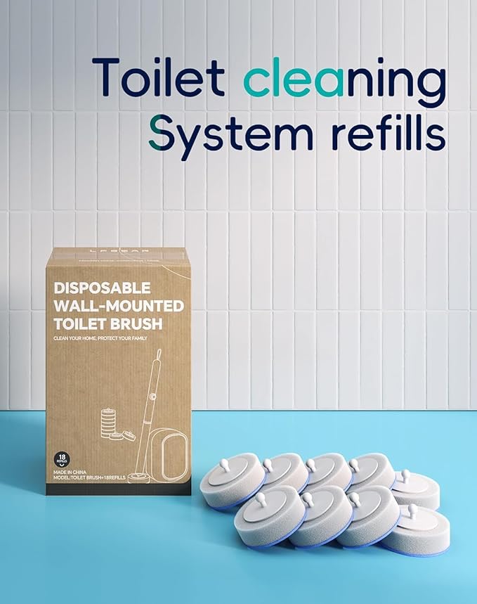 Disposable Toilet Cleaning System with Wall Mounted Brush, Holder and 18 High-Performance Refills for Deep Bathroom Cleaning