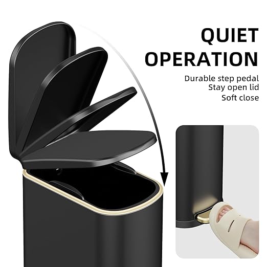 2.6 Gal Bathroom Trash Can with Soft Close Stay Open Lid, Small Rectangular 10L Stainless Steel Waste bin for Narrow Space, Waterproof, Odor Protection, Matte Black