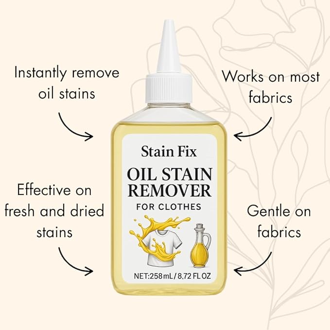 Instant Oil Stain Remover for Clothes (8.72oz) - Fabric Stain Remover For Cooking, Engine, Dried Oil And Grease Stains - Safe for All Fabric Types