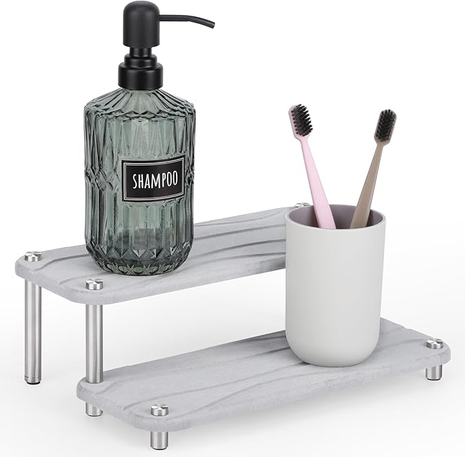 Segbeauty 2 Tier Quick Dry Diatomaceous Earth Stone Tray, 11x4.3in Water Absorbing Bathroom Tray Countertop Organizer Instant Drying Vanity Tray, Kitchen Counter Dish Soap Dispenser Rack Sponge Holder