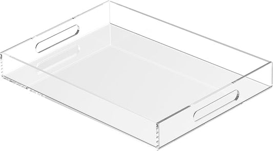 Acrylic Tray 16x12 with Cut Handles - Spill Proof Decorative Tray is an Ideal Countertop Organizer for Living Rooms, Ottoman Coffee Tables, Offices, Kitchens & Serving Guests