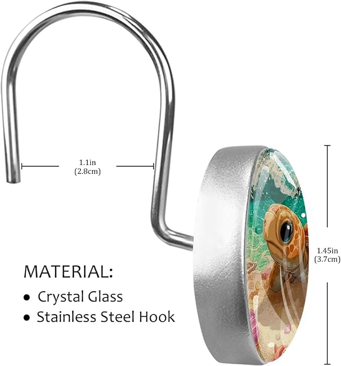 Beach Cartoon Ocean Turtle Shower Curtain Hooks Rings, Stainless Steel Rust Proof Shower Curtain Hooks, Decorative Shower Hooks for Bathroom Shower Rods Curtains, Set of 12